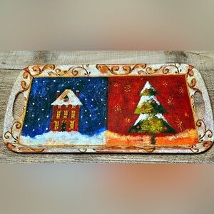 Evergreen Melamine Christmas‎ Platter Serving Tray With Handles Snow Tree House